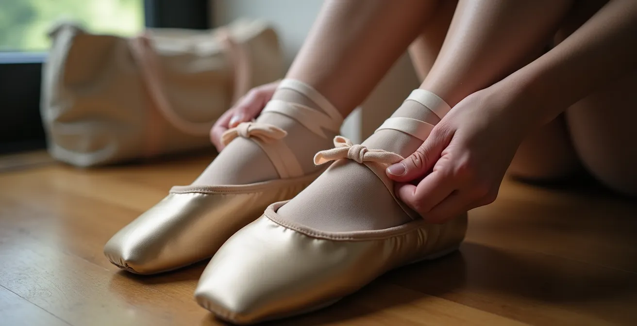 Mains de danseur professionnel préparant ses chaussons de danse