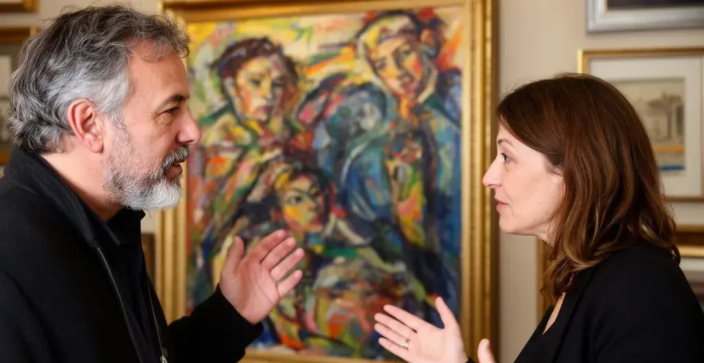 Échange entre participants devant un tableau lors d'une rencontre artistique