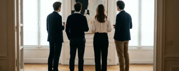 Groupe découvrant une œuvre lors d'une rencontre artistique dans un salon privé