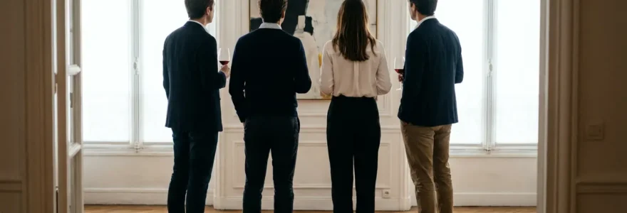Groupe découvrant une œuvre lors d'une rencontre artistique dans un salon privé